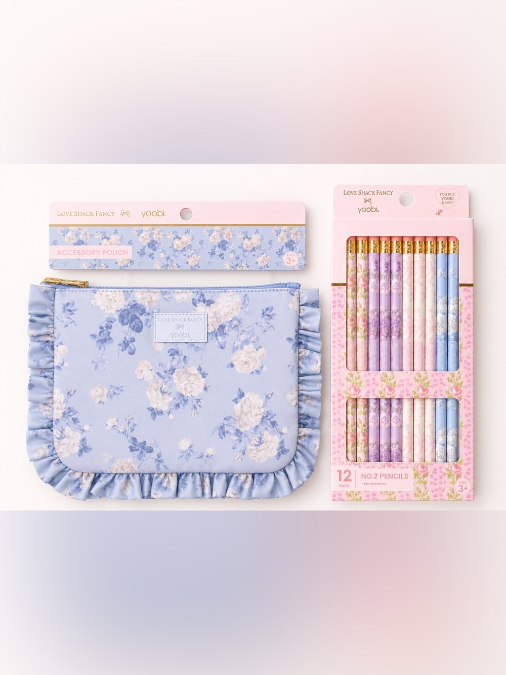 NWT LoveShackFancy X Target Yoobi Heirloim Pencil Case & Pencils Whisper Blue